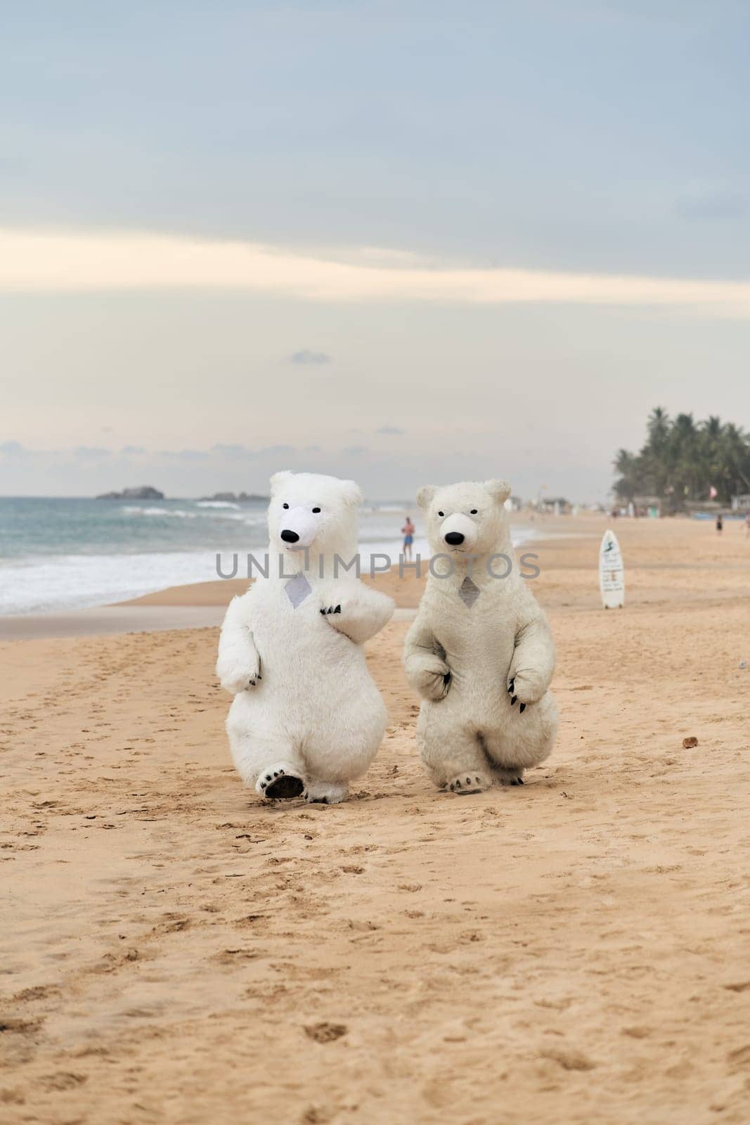 Animators dressed as polar bears entertain people on the beach. High quality photo