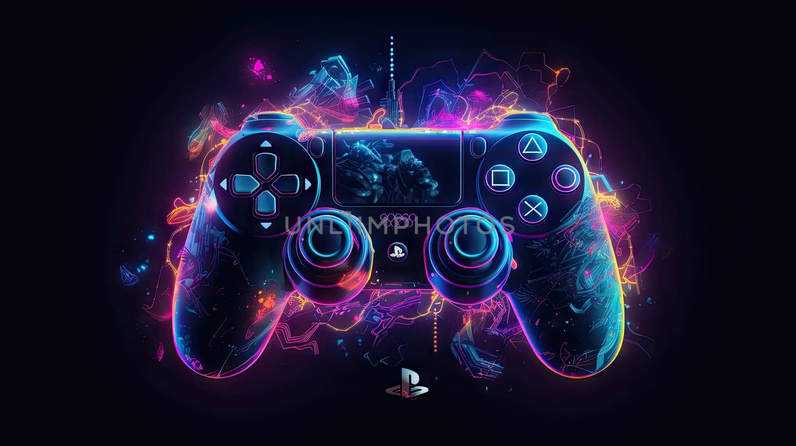 Glowing neon light gamepad - generative AI - AI generated