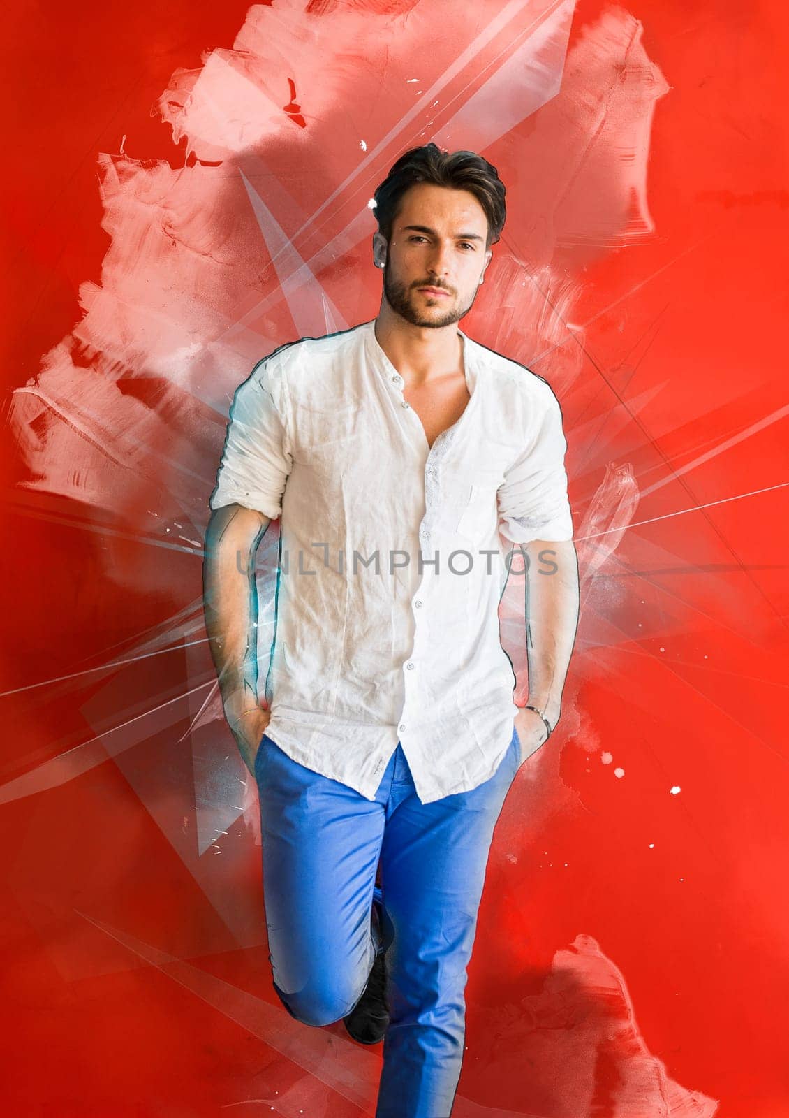 Stylish trendy young man standing outdoor red wall by artofphoto