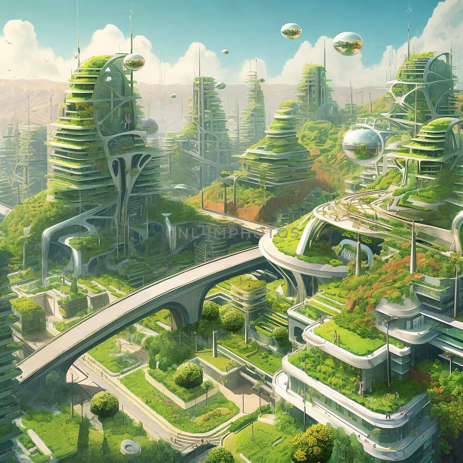 Futuristic cityscape of eco city, modern building surrounded plants. AI Generative