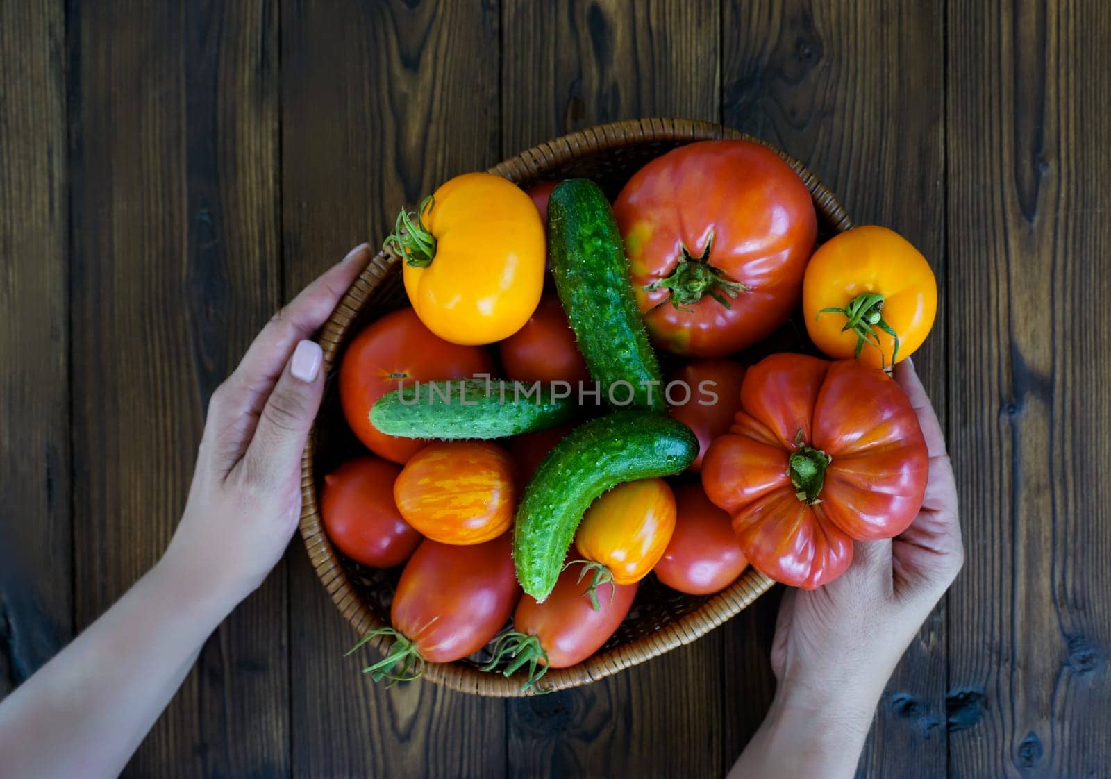 Women's hands hold a basket with fresh vegetables by Spirina