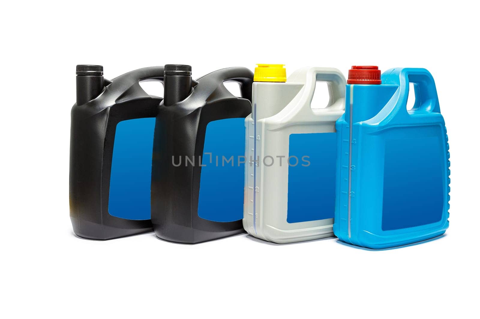 Plastic canister with compressor oil on a white background. High quality photo