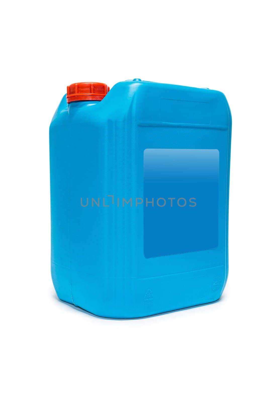 Plastic canister with compressor oil on a white background. High quality photo