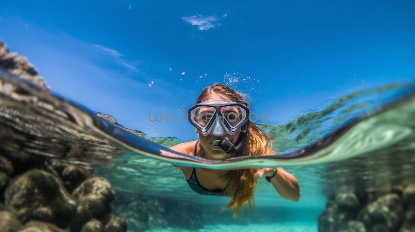 Happy young woman swimming underwater in tropical sea. Snorkeling with mask in ocean. Ai Generative by lucia_fox