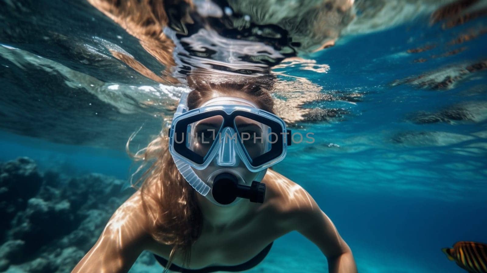 Happy young woman swimming underwater in tropical sea. Snorkeling with mask in ocean. Ai Generative.