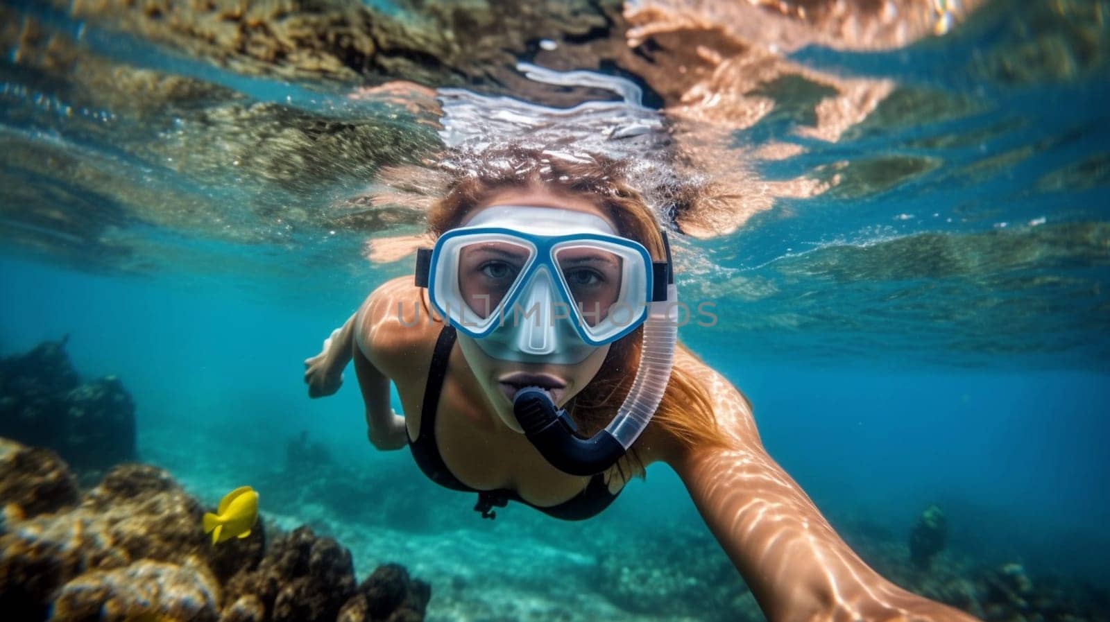 Happy young woman swimming underwater in tropical sea. Snorkeling with mask in ocean. Ai Generative.