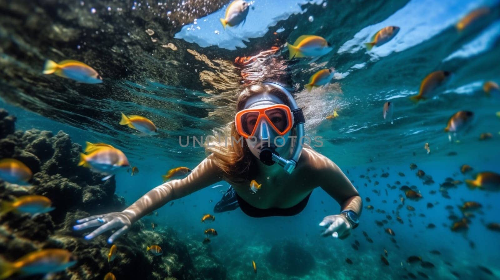 Happy young woman swimming underwater in tropical sea. Snorkeling with mask in ocean. Ai Generative.