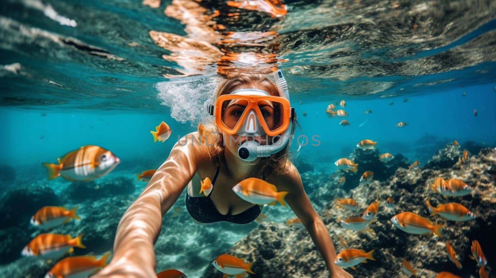 Happy young woman swimming underwater in tropical sea. Snorkeling with mask in ocean. Ai Generative by lucia_fox