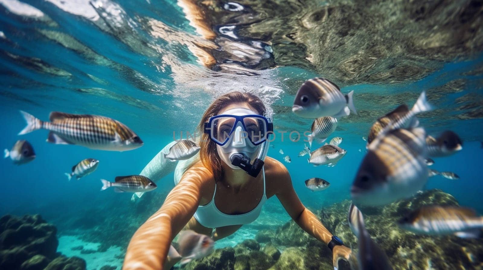 Happy young woman swimming underwater in tropical sea. Snorkeling with mask in ocean. Ai Generative.