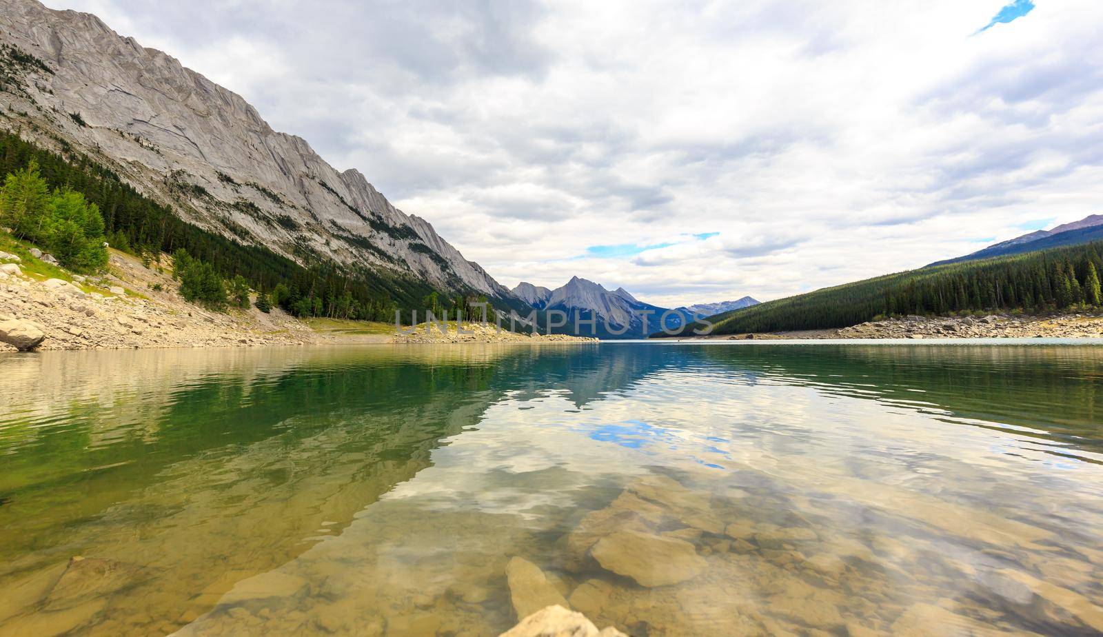 Idyllic Medicine Lake in Jasper National Park, Alberta, Canada