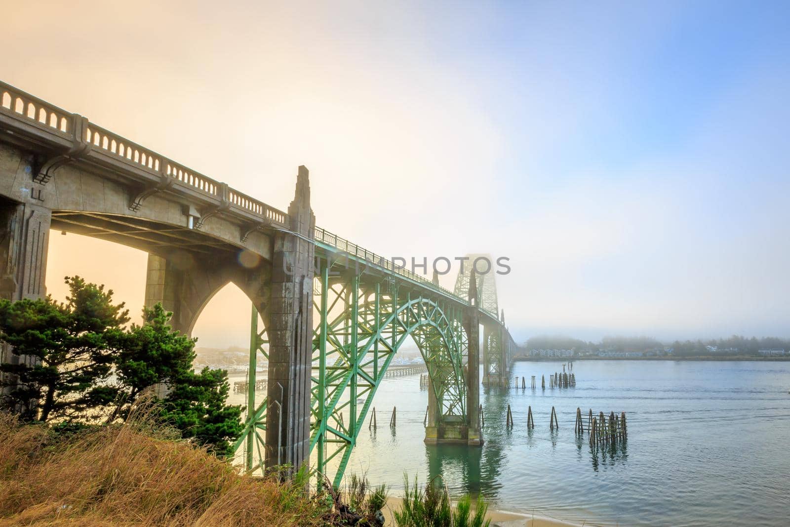 Large old bridge over Yaquina Bay at Newport, Oregon on the central Oregon coast, along Hwy 101.