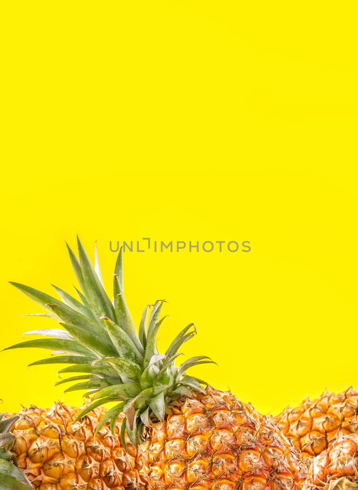 Beautiful fresh pineapple isolated on bright yellow background, summer seasonal fruit design idea pattern concept, copy space, close up by ROMIXIMAGE