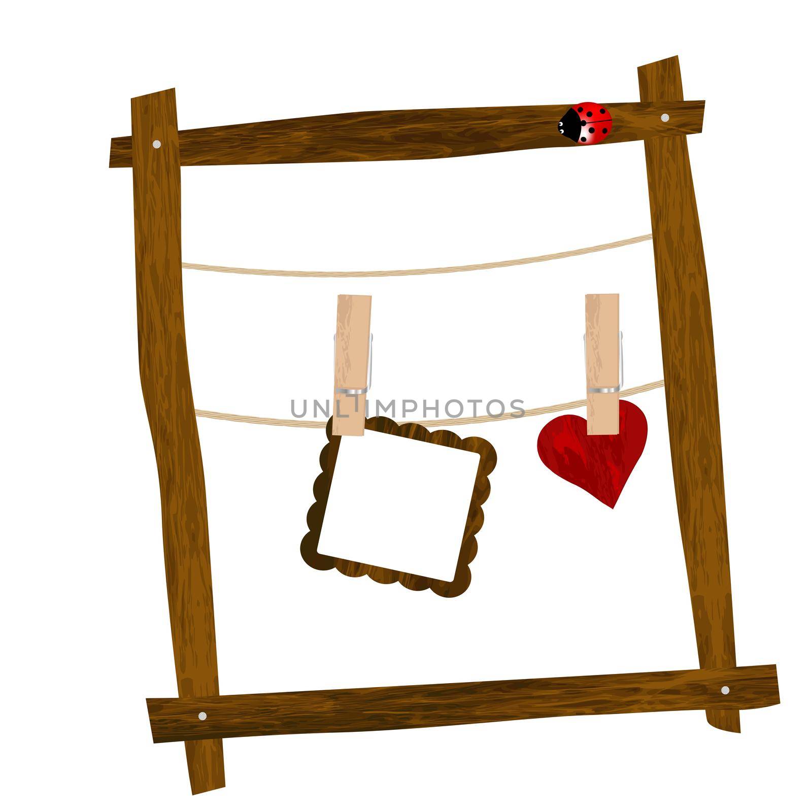 Wooden frame with clothes hooks and ladybug