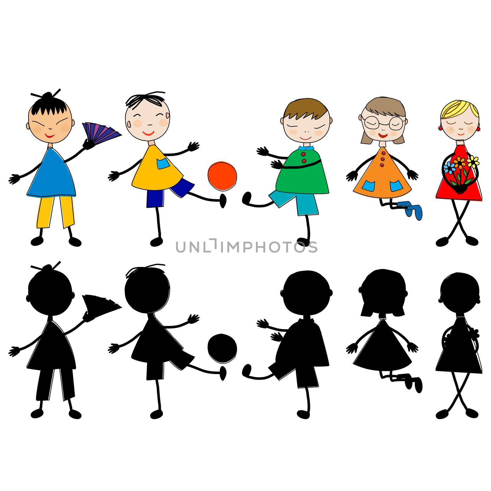 Set of doodle hand drawn cartoon kids and silhouettes