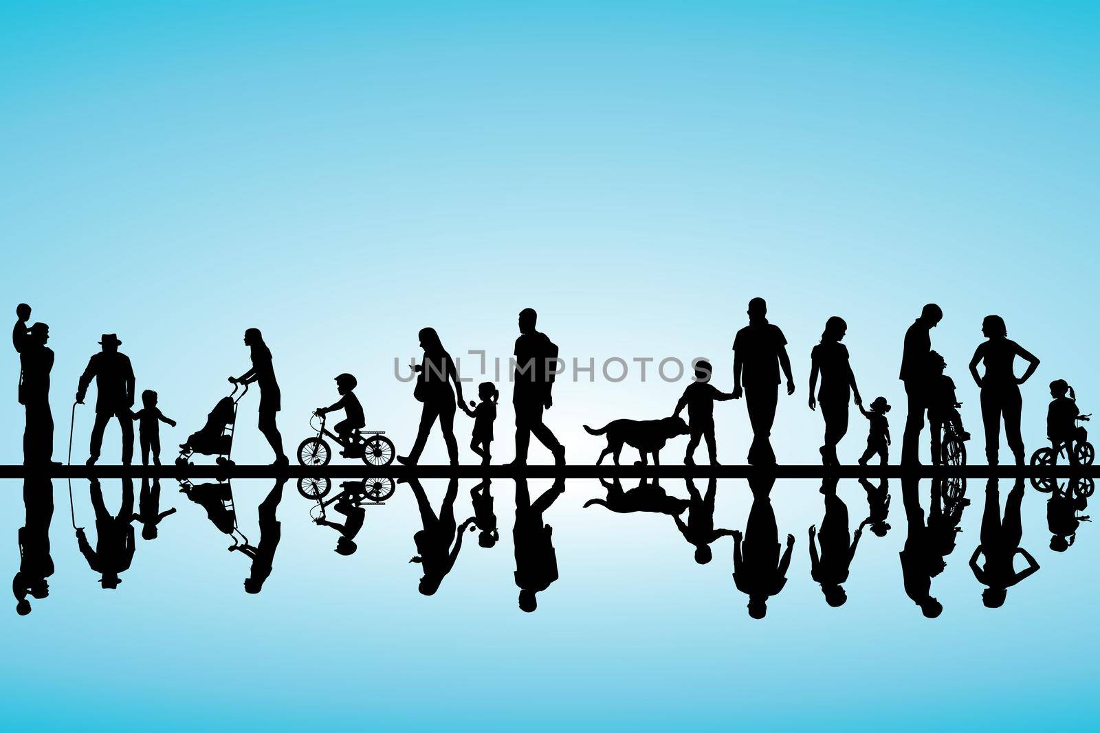 Silhouettes of families with kids outdoor