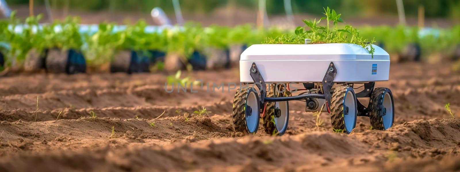 modern robot in agriculture, Field work, growing plants without chemicals. Concept of sustainable economy. banner with copy space. made with Generative AI by Edophoto