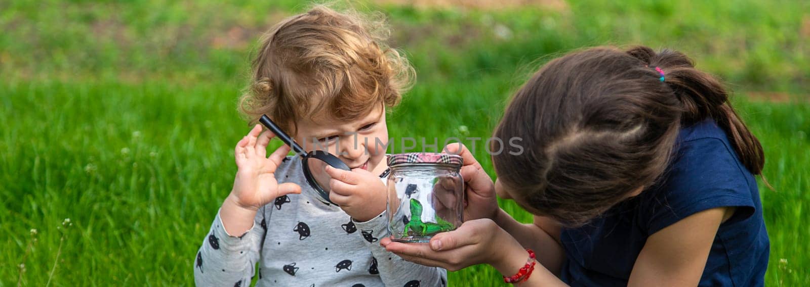 Child in nature with a lizard. Selective focus. by yanadjana