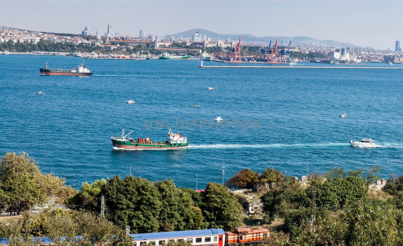 Panoramic view of the Bosphorus. The strait that connects the Black Sea to the Sea of Marmara and marks the boundary between the Europe and the Asia