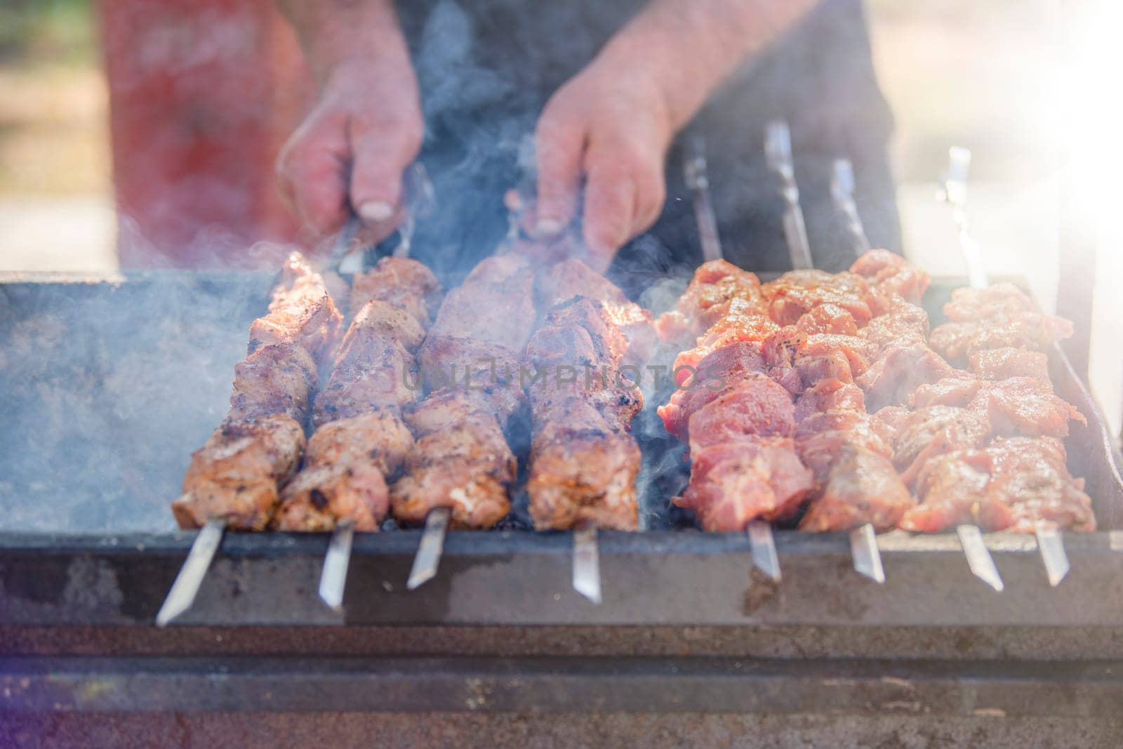 A man fries kebabs on skewers on a grill. Organization of a picnic in nature. by SERSOL