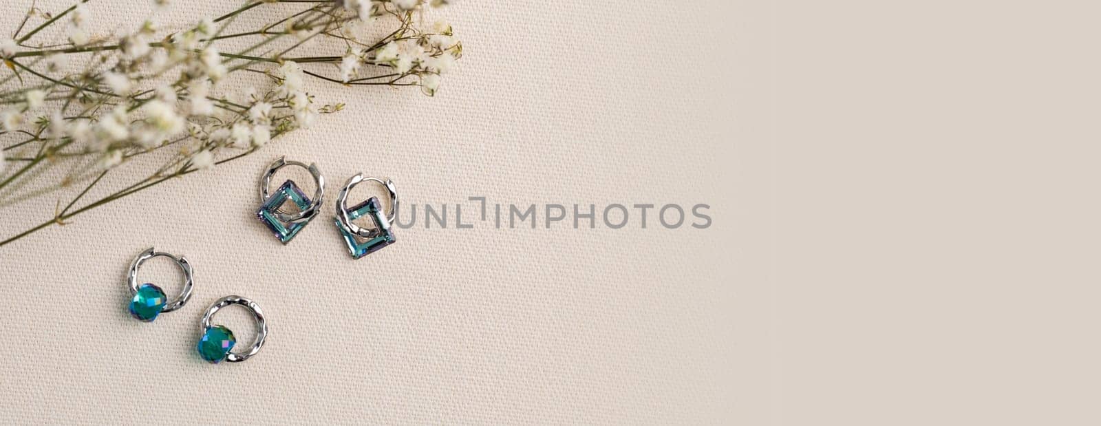 Elegant jewelry set of silver earrings with gem. Jewelry set minimalist style. Handmade bijouterie