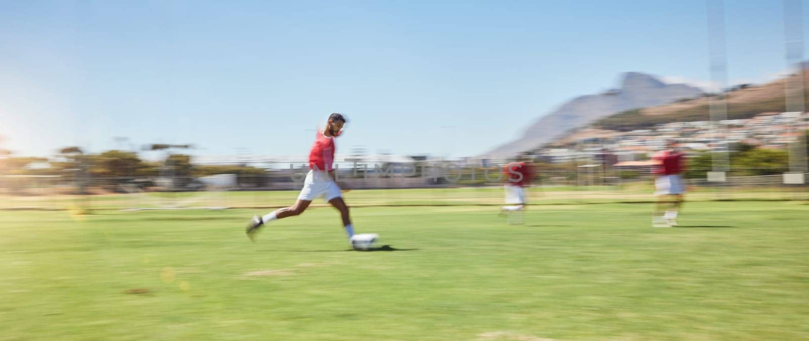 Running, football and sports with man on field training with team for fitness, games and workout. Freedom, health and goals with soccer player for exercise, energy and action on football field.