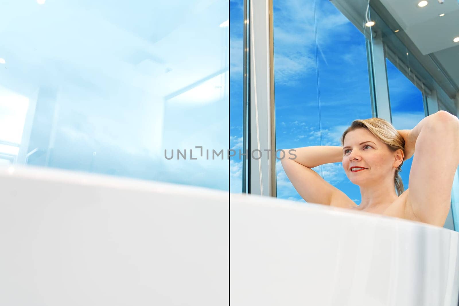bathroom window coated with switchable window film. Concept on - off . Smart Film Glass by PhotoTime