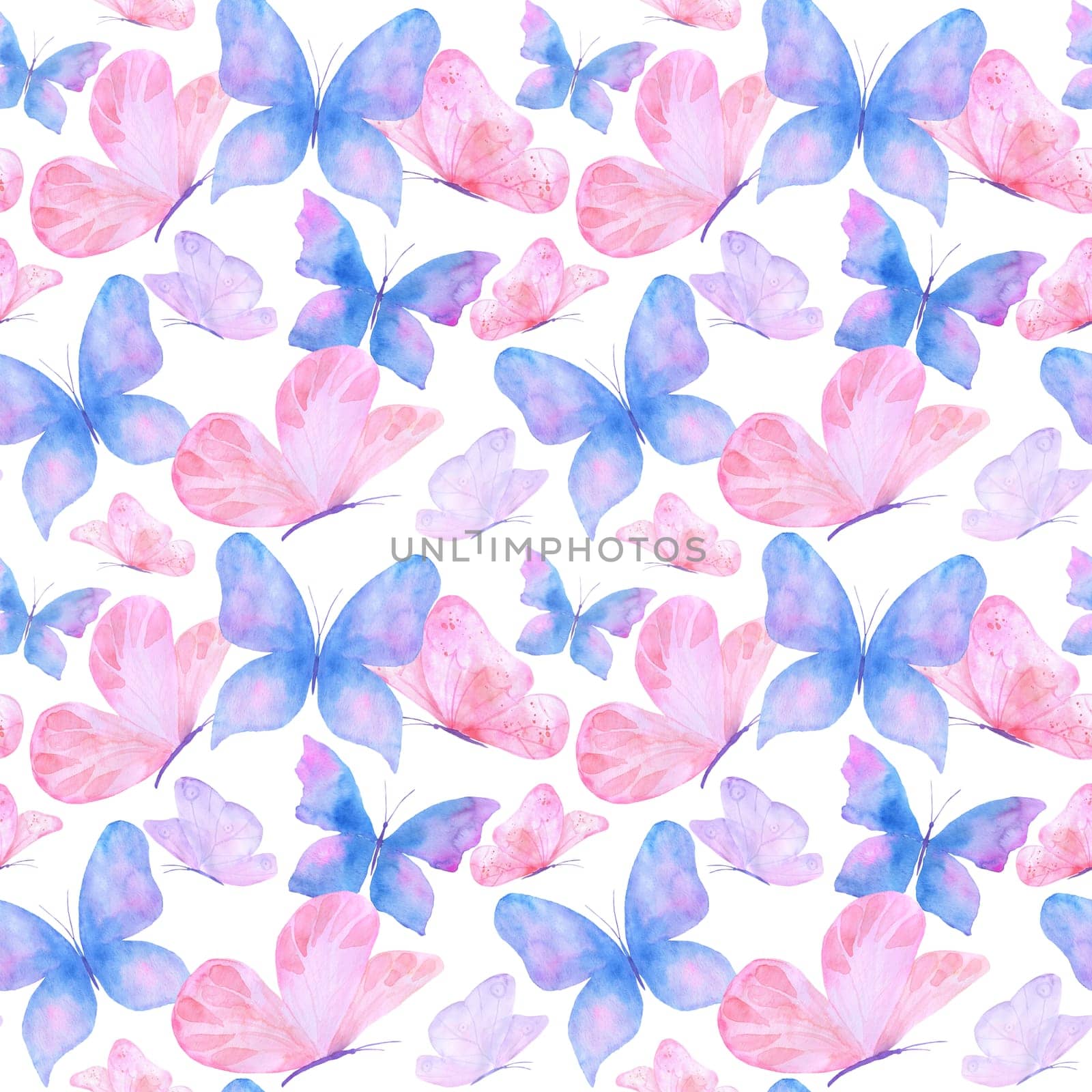 Bright seamless pattern of butterflies. Purple and pink print for wallpaper, clothes. Watercolor butterfly by ElenaPlatova