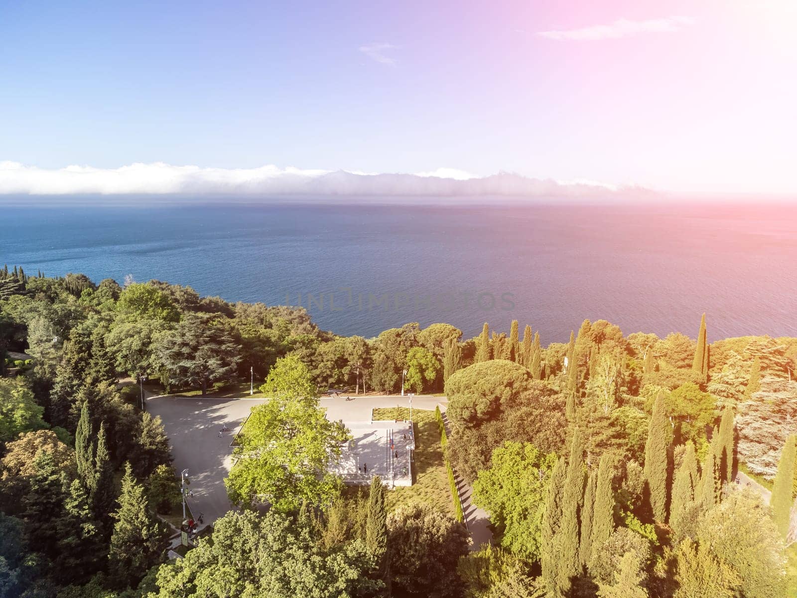 Aerial View of Livadia Palace - located on the shores of the Black Sea in the village of Livadia in the Yalta region of Crimea. Livadia Palace was a summer retreat of the last Russian tsar Nicholas II by panophotograph