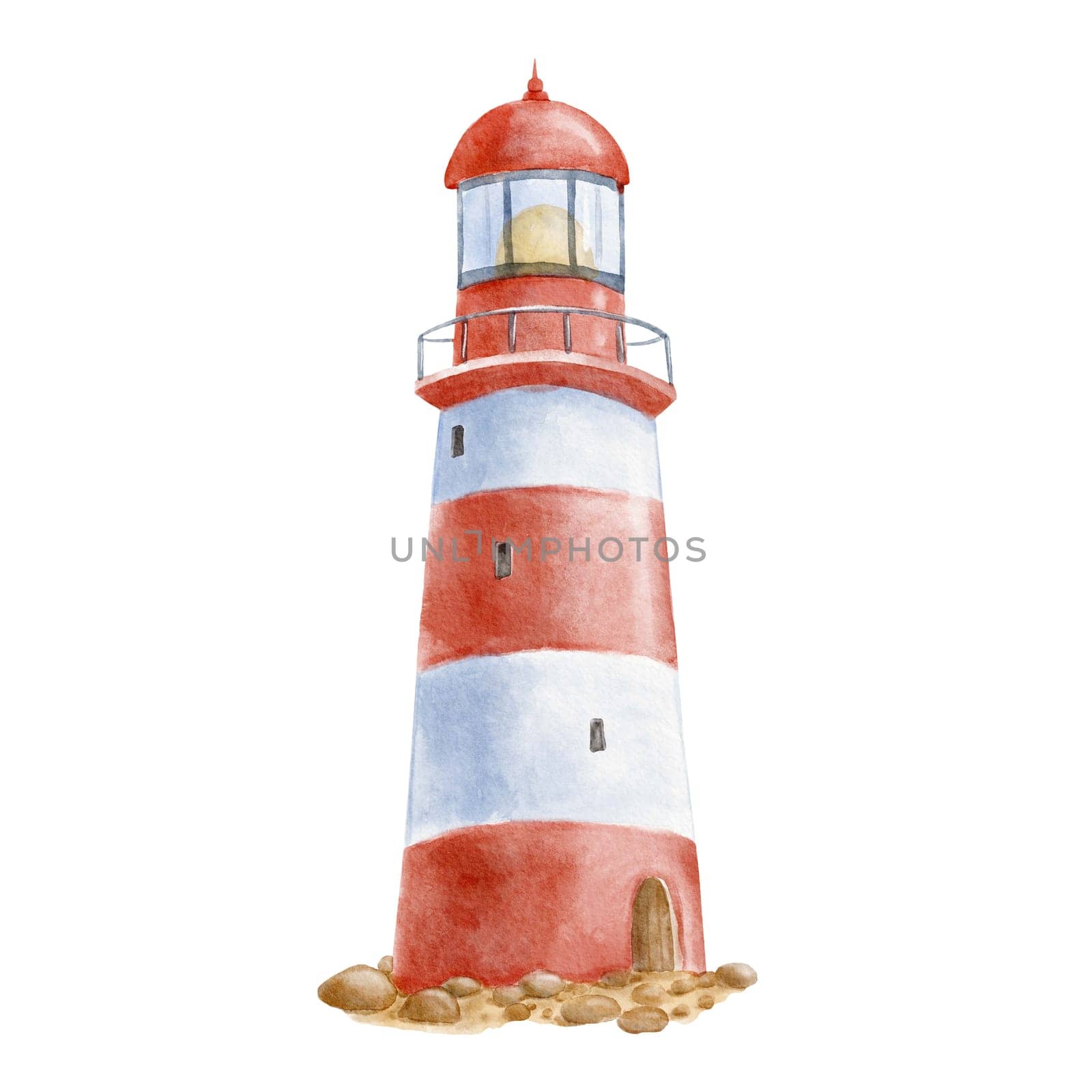 Striped red and white lighthouse on stones. Watercolor illustration isolated on white, hand drawn clipart. by ElenaPlatova