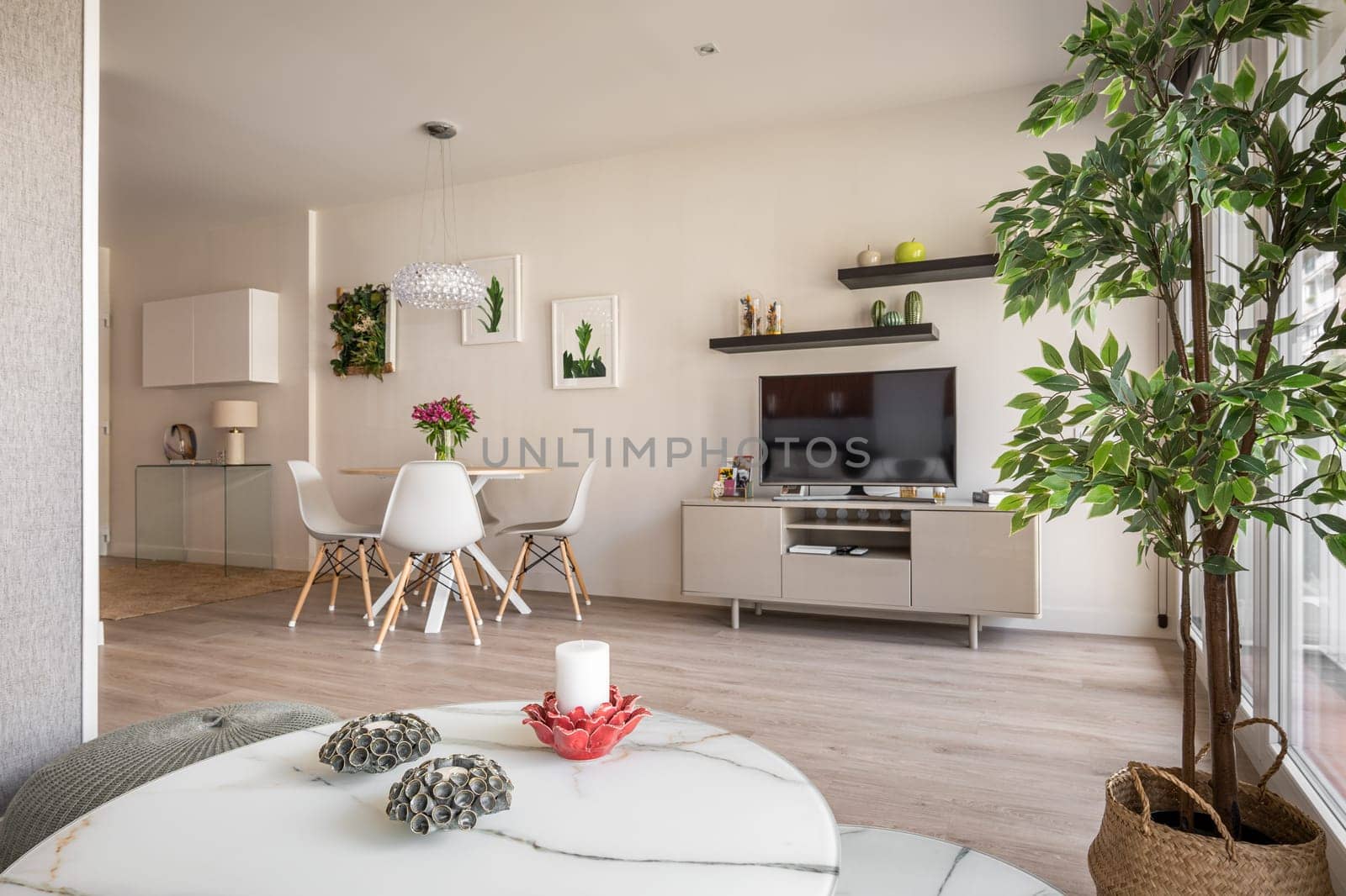 Modern interior in a compact apartment with a spacious combined living room with table, chairs and decorative accessories overlooking the TV and coffee table. Cozy city apartment.