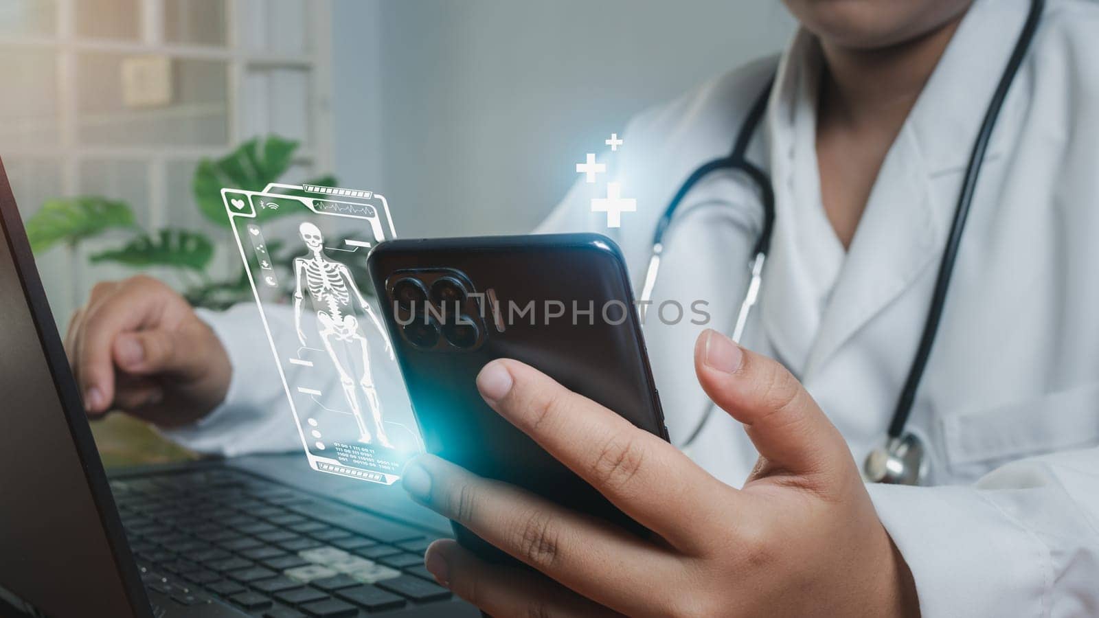 Doctors use smartphones and computers to research medical information. medical concept