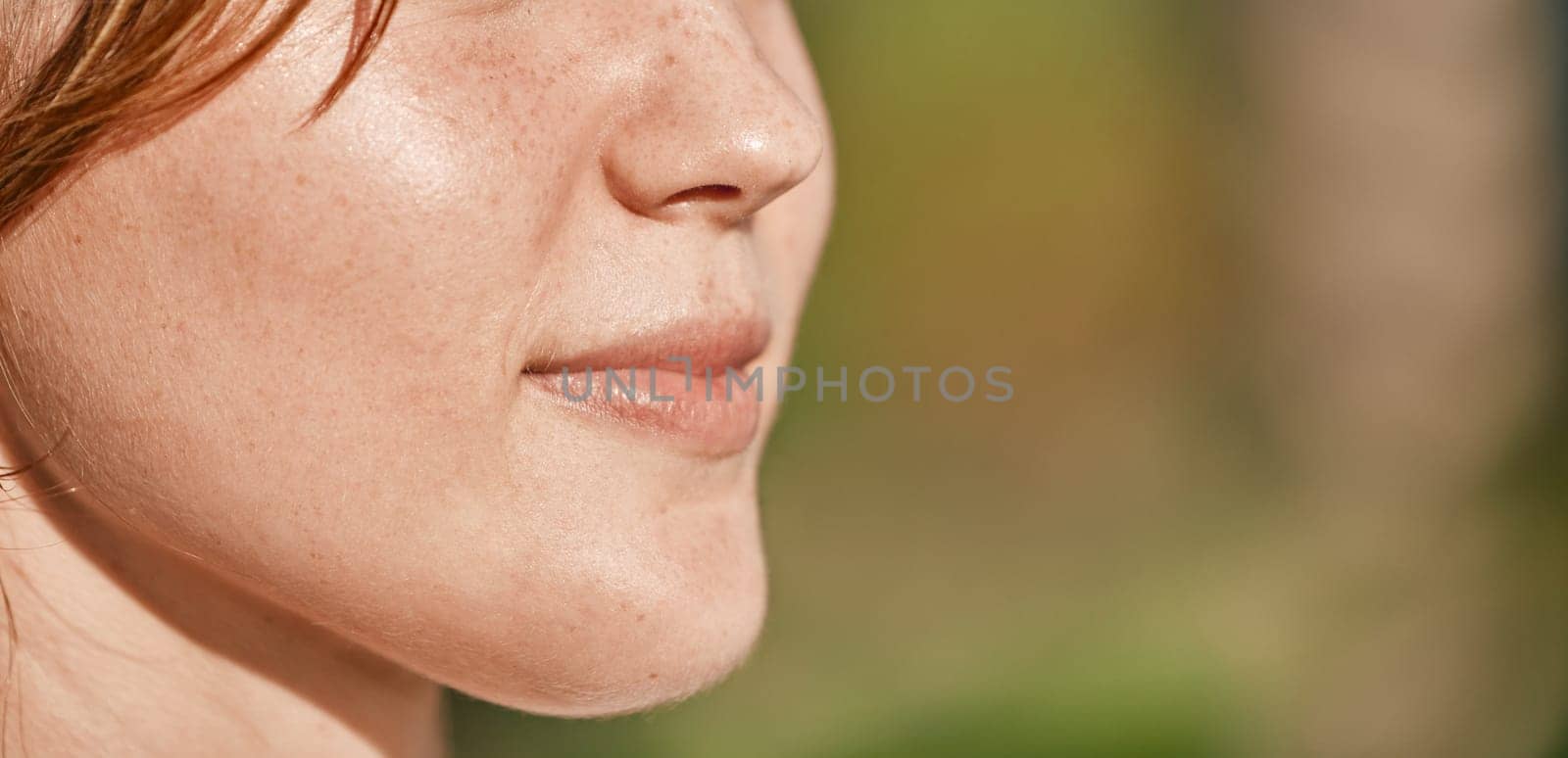 Mouth, closeup and woman on mockup outdoors on blurred background for advertising and space. Half, face and girl relax on copy space, content and peaceful, natural and calm with product placement.
