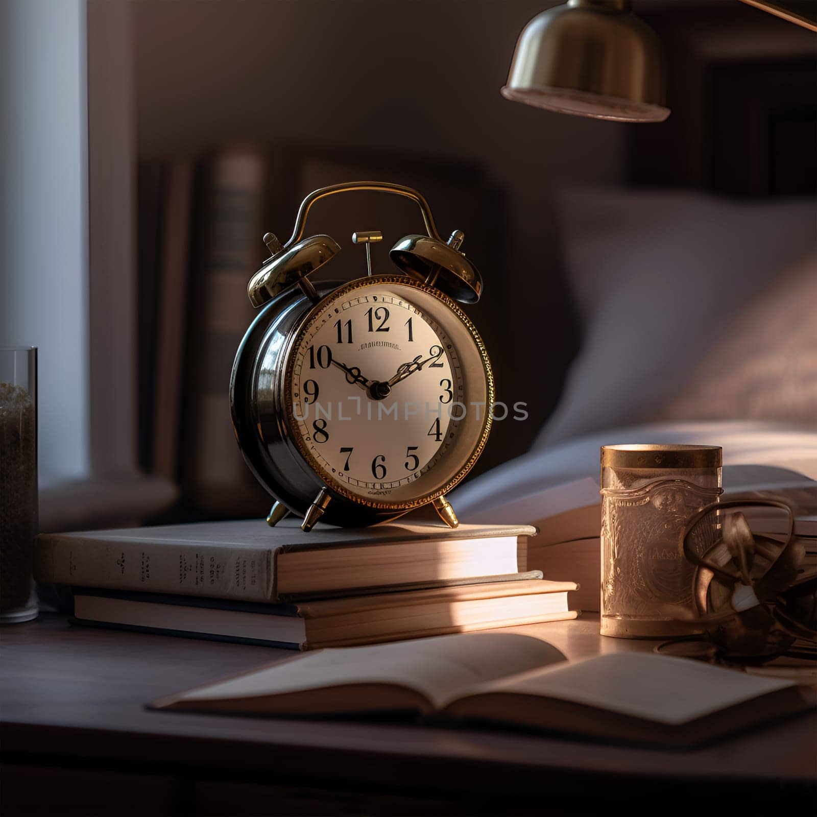 Evening time, sunset. The alarm clock on the books is at home near the bed. The concept of school time, students preparing for exams. Generative AI content,