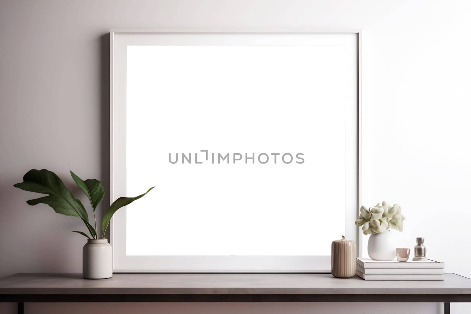 Portrait mockup of a white photo frame on a vintage bench, table. Modern ceramic vase with flowers and figurine. White wall background. copy paste white background for poster. Generative AI content,