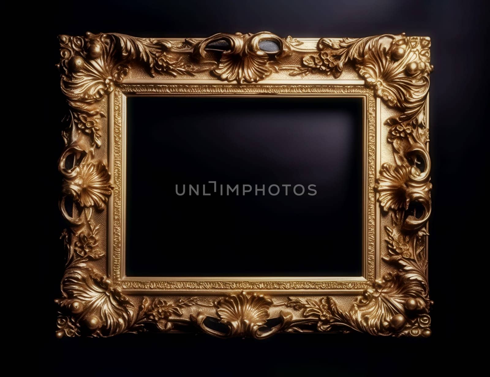 Antique gold frame with empty center in boroch style on black background. mockup frame. Generative AI content,