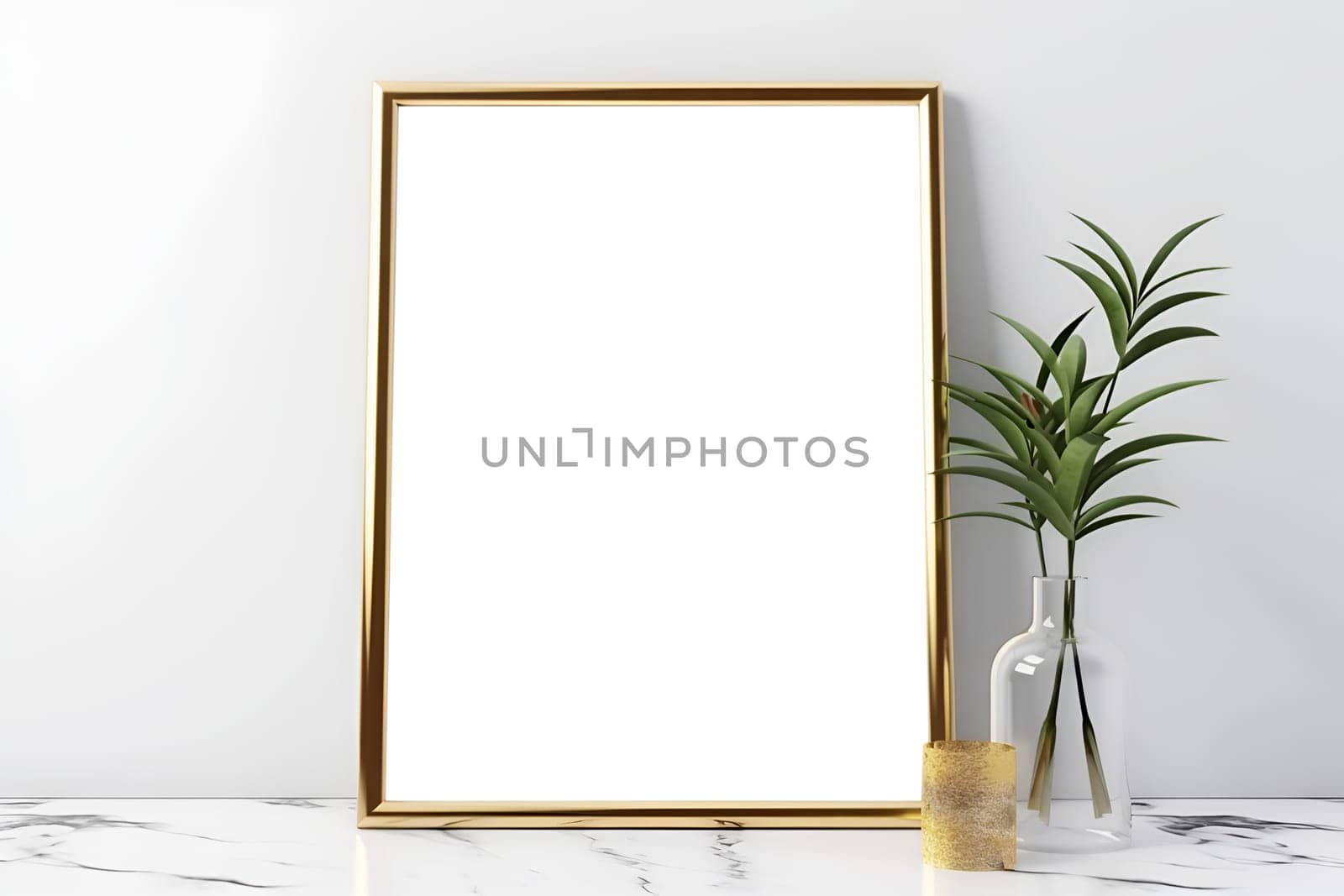 Portrait mockup of a white photo frame on a vintage bench, table. Modern ceramic vase with flowers and figurine. White wall background. copy paste white background for poster. Generative AI content,