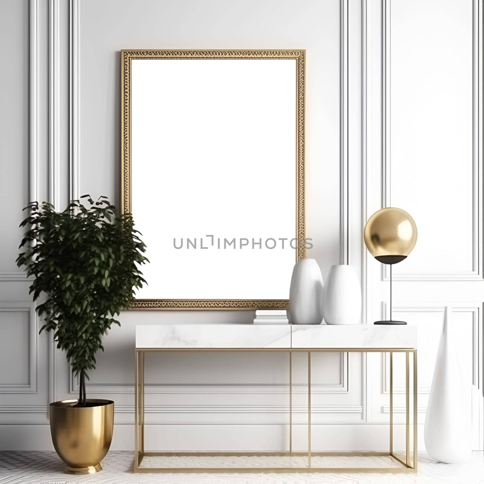 white frame mockup on marble table. Expensive interior. Modern ceramic vase with flowers and figurine. White wall background. copy and paste the white background for the poster. Generative AI content,