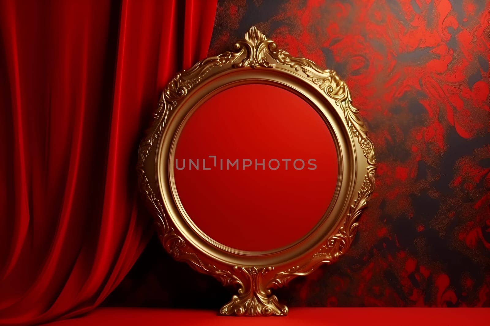 Banner, golden round vintage frame in borocco style, with empty space inside on red velvet background. copy paste space.