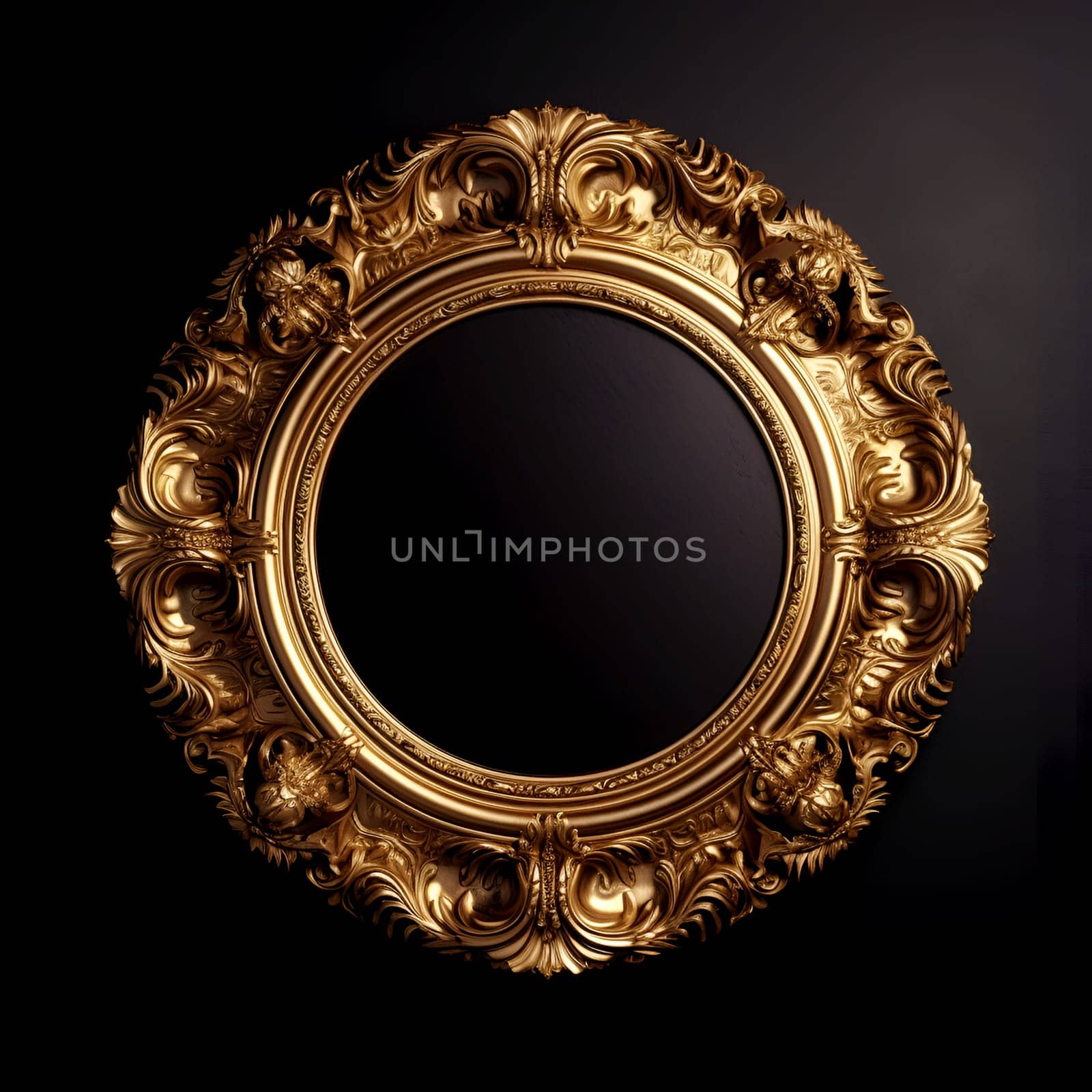 Round gold frame on a black background. isolated object. Vintage style. by Ramanouskaya