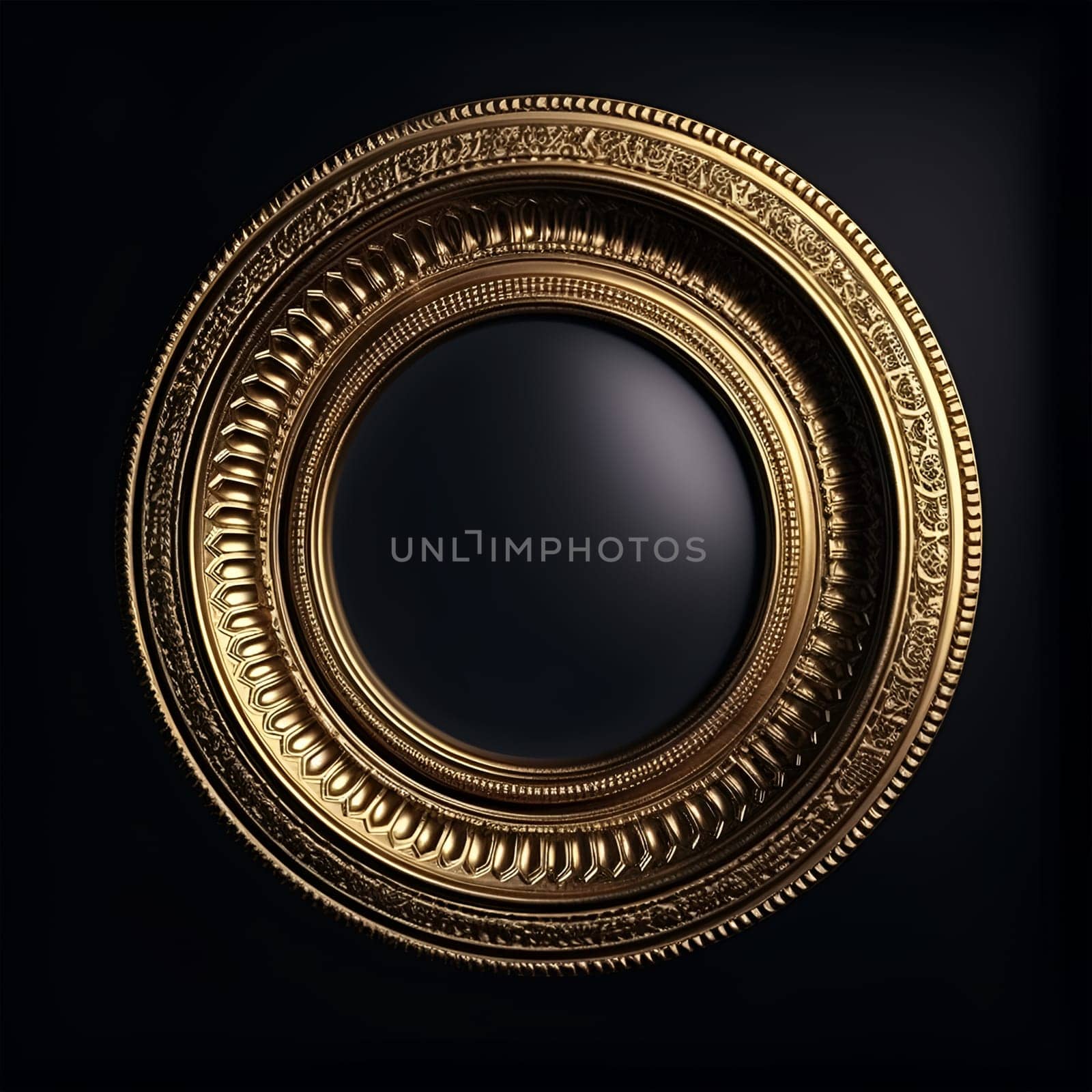 Round gold frame on a black background. isolated object. Vintage style. by Ramanouskaya