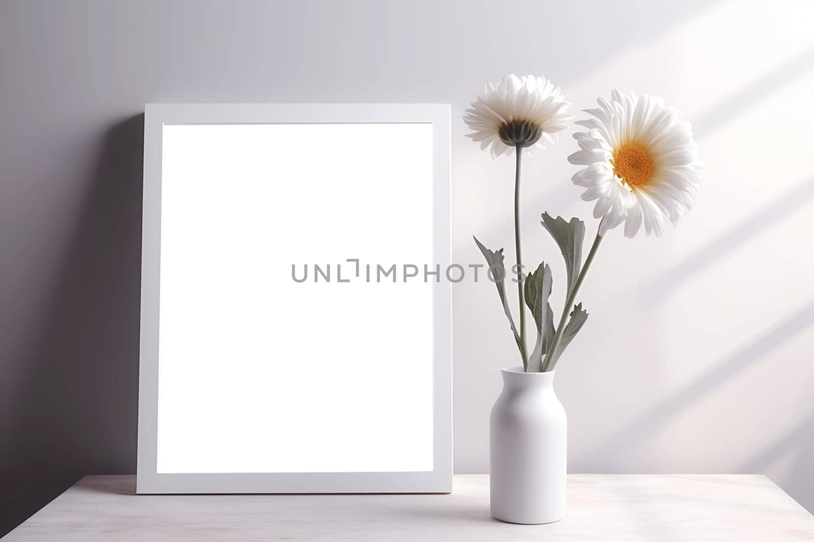 Portrait mockup of a white photo frame on a vintage bench, table. Modern ceramic vase with flowers and figurine. White wall background. copy paste white background for poster. Generative AI content,