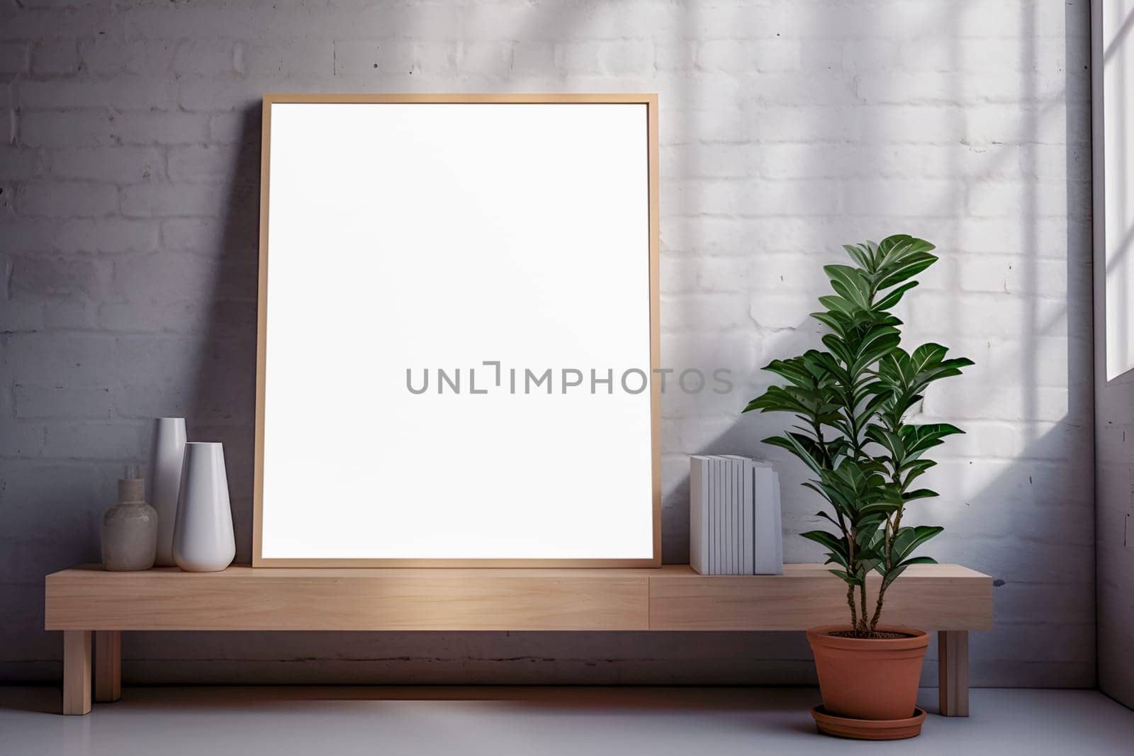 white frame mockup with empty center on the table. brick background. Beautiful light from the window. White wall background. copy and paste the white background for the poster. Generative AI content,