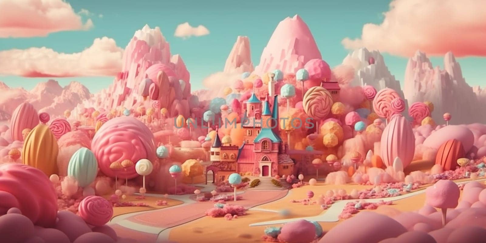 Sweet candy world fairy landscape, panorama. Sweets, candies, caramel. A magical planet where everything is made of candy. AI Generative.