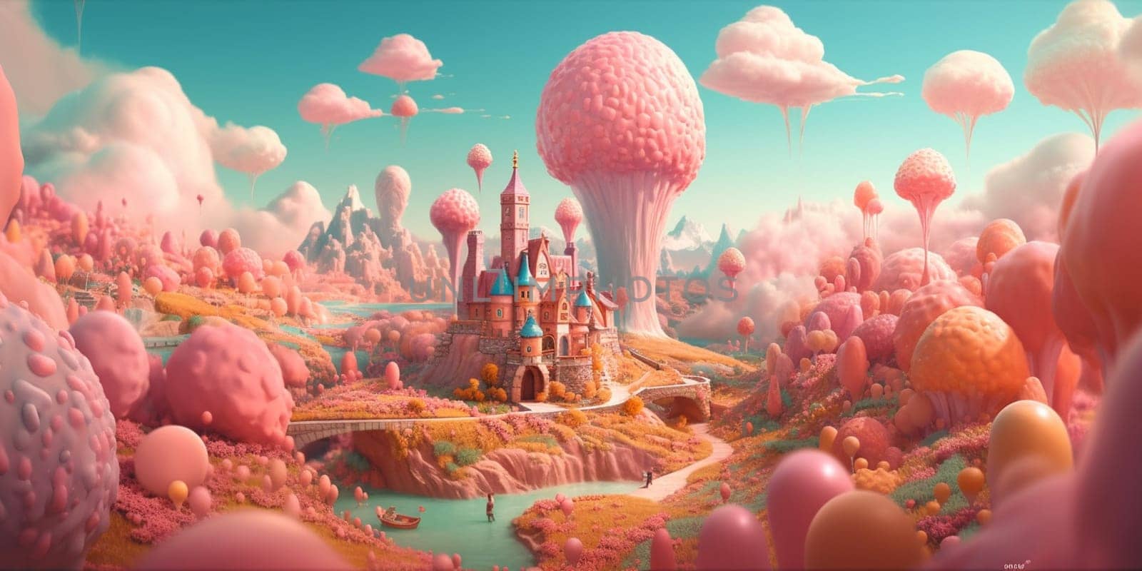 Sweet candy world fairy landscape, panorama. Sweets, candies, caramel. A magical planet where everything is made of candy. AI Generative by lucia_fox