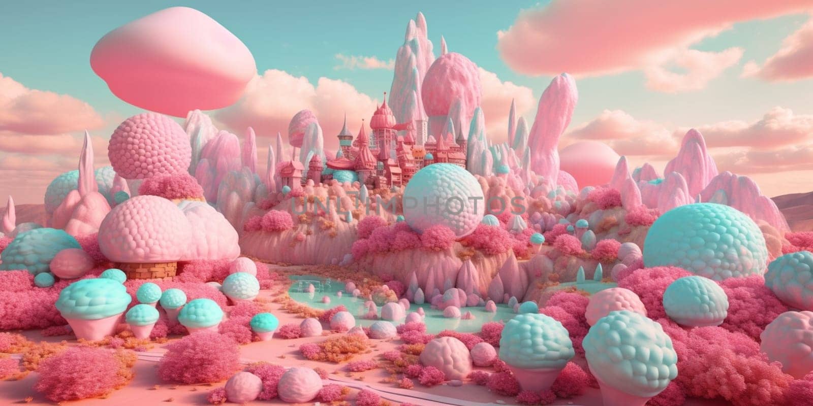 Sweet candy world fairy landscape, panorama. Sweets, candies, caramel. A magical planet where everything is made of candy. AI Generative by lucia_fox