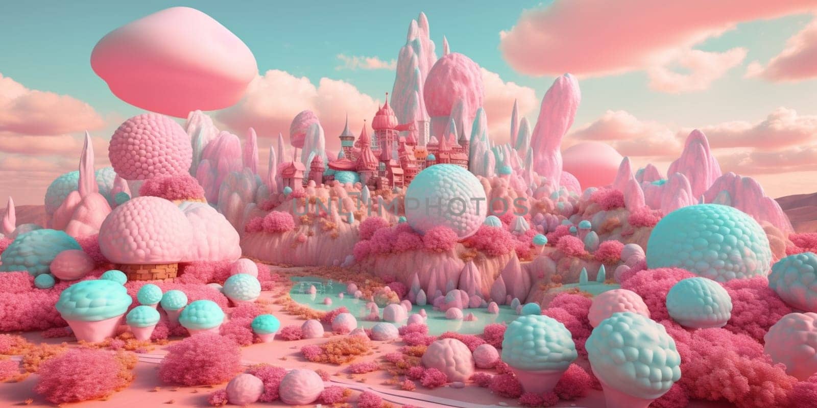 Sweet candy world fairy landscape, panorama. Sweets, candies, caramel. A magical planet where everything is made of candy. AI Generative.