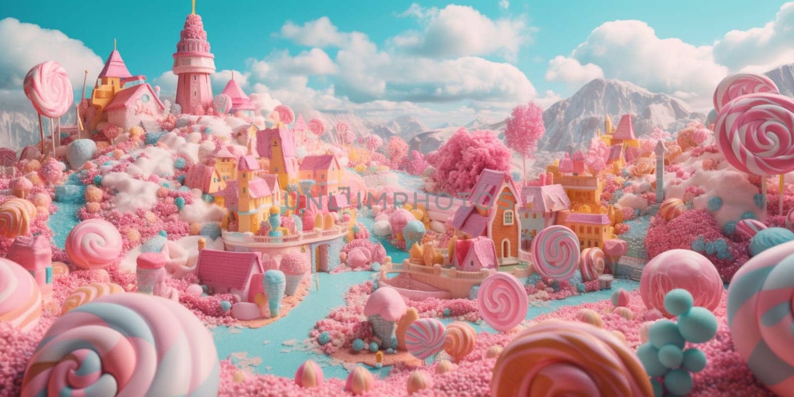 Sweet candy world fairy landscape, panorama. Sweets, candies, caramel. A magical planet where everything is made of candy. AI Generative by lucia_fox