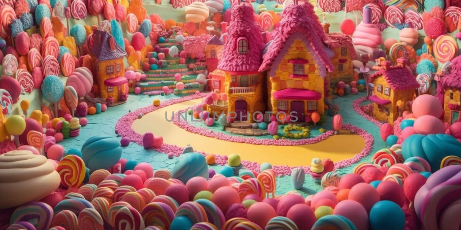 Sweet candy world fairy landscape, panorama. Sweets, candies, caramel. A magical planet where everything is made of candy. AI Generative.