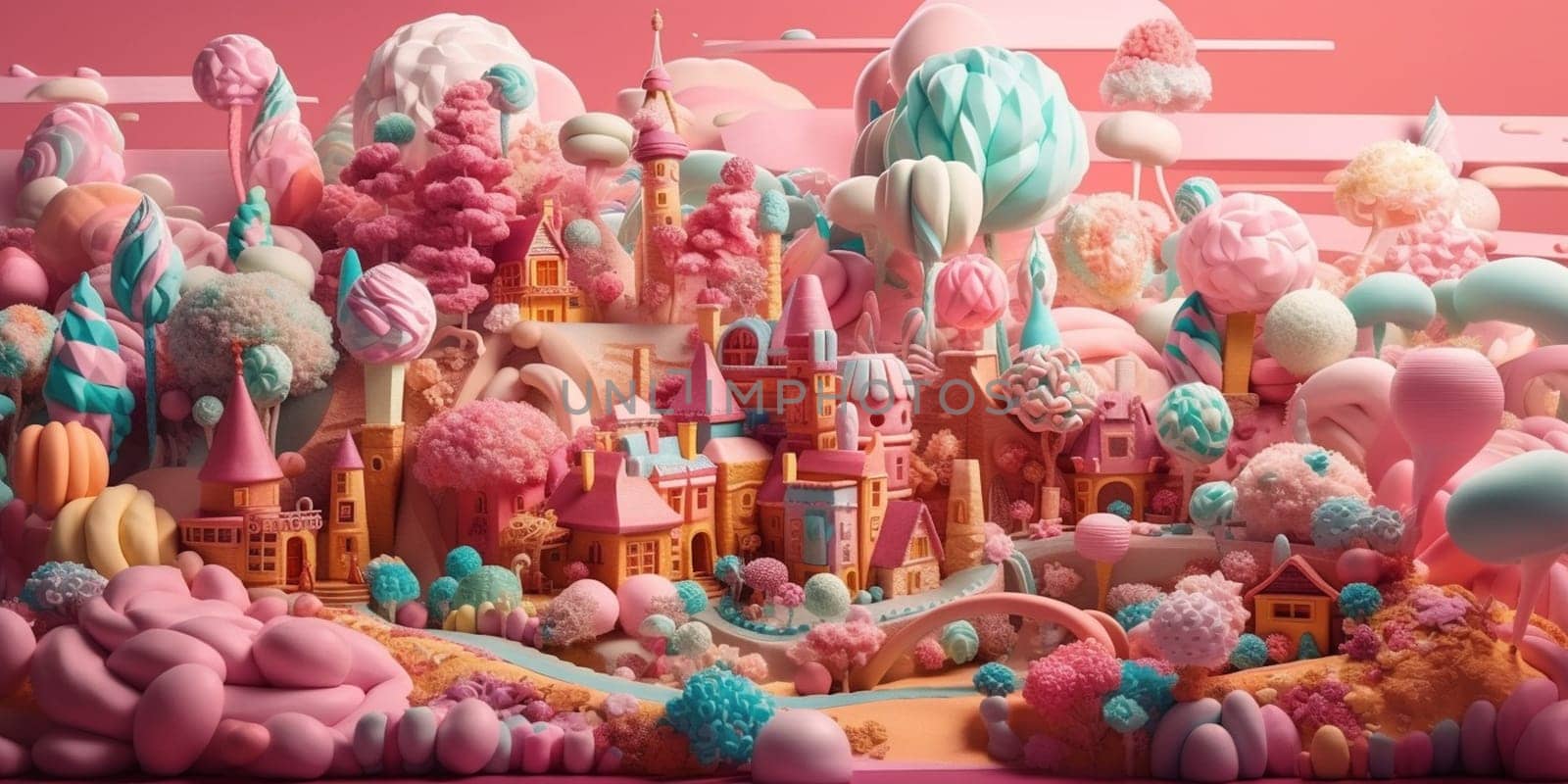 Sweet candy world fairy landscape, panorama. Sweets, candies, caramel. A magical planet where everything is made of candy. AI Generative.