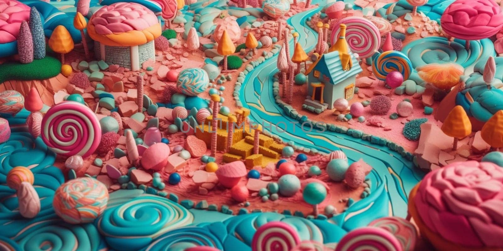 Sweet candy world fairy landscape, panorama. Sweets, candies, caramel. A magical planet where everything is made of candy. AI Generative.